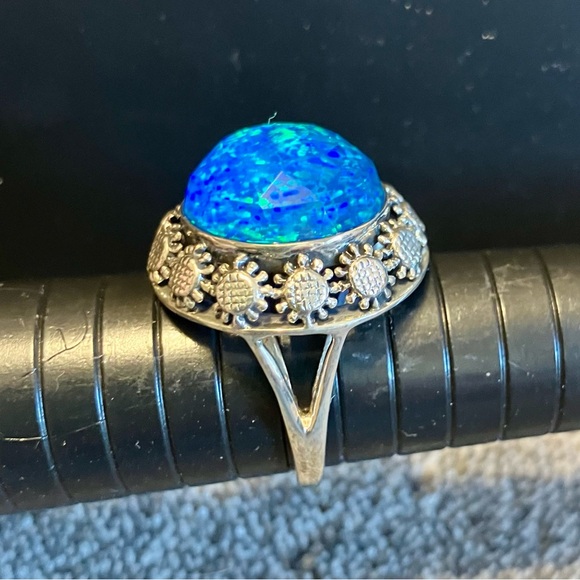Sajen Sterling Silver Blue Opal Quartz Double + Sunflower Dome Ring Size 8.5 - Picture 3 of 6